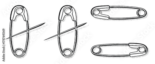 Safety Pins Set in Various Positions for Garment Repair and DIY Crafting with Crossed Needle Design for Fashion, Craft, Sewing, and Industrial Symbol Concepts.