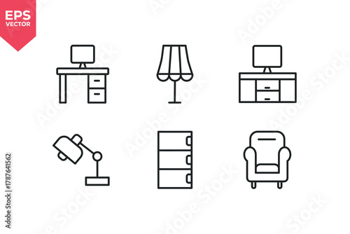 Set of line icons related to sofa, lamp, desk, computer desk, TV bench. Editable stroke. Vector illustration