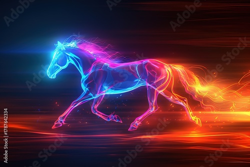 Vibrant neon outline of horse running, captured in fast motion on dark background. Conveys energy, elegance and futuristic aesthetics. Great for sports marketing, event posters and digital media