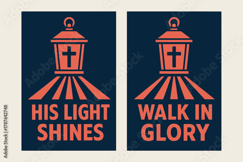 Shine and Glory Banners. Light of the World. Two vertical A6 banners with safe margins, centered composition, no elements touching edges, bold, navy and coral,