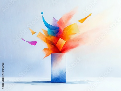 A vibrant explosion of colorful paper fragments and powder bursts from a white box, suggesting creativity and new ideas.
