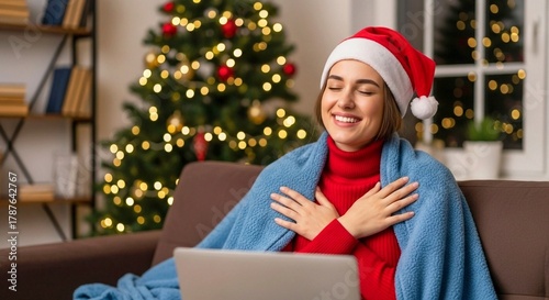 Joyful Woman in Santa Hat Relaxing with Laptop by Christmas Tree – Cozy Holiday Home Scene