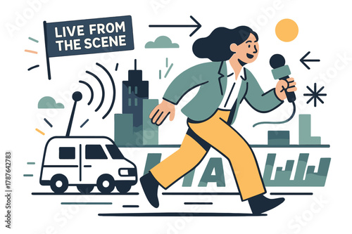 Live Field Broadcast. Remote field report. A reporter holds a portable mic as signal waves leap from a tiny van; ?Live from the scene? flags flutter. City