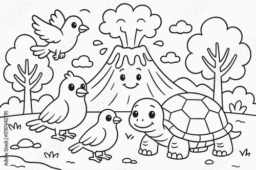 Volcano Wildlife Coloring. Animals near volcanoes children?s coloring book illustration, outlined drawing, birds and a tortoise on safe ground with a distant