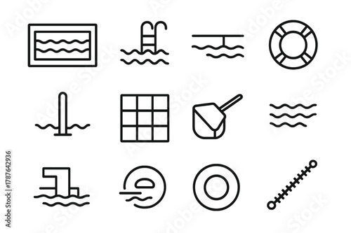 Swimming Pool Icons. Swimming Pool. Line icon set of Swimming Pool: rectangular pool, ladder, diving board, life ring, depth marker, pool tiles, skimmer net,