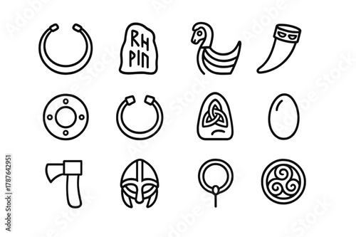 Celtic Norse Icon Grid. Celtic and Norse relics. Line icon set of Celtic and Norse relics: torc necklace, rune stone, longship prow, drinking horn, shield