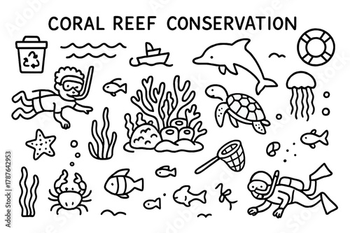 Coral Reef Doodles. Coral Reef Conservation. Hand-drawn doodle illustration Coral Reef Conservation coral reef, fish, turtle, dolphin, seaweed, crab, starfish,