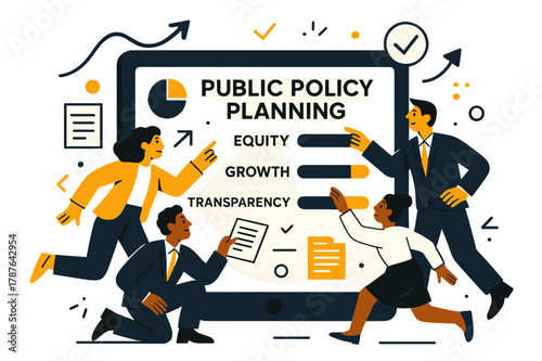 Dynamic Policy Planning. Public policy planning. Large tablet displays charts and documents; team members pointing at progress bars labeled ?Equity,? ?Growth,?