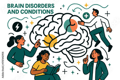 Dynamic Brain Illustration. Brain disorders and conditions. Illustration of brain with highlighted regions and abstract floating lines, icons, and sparkles;