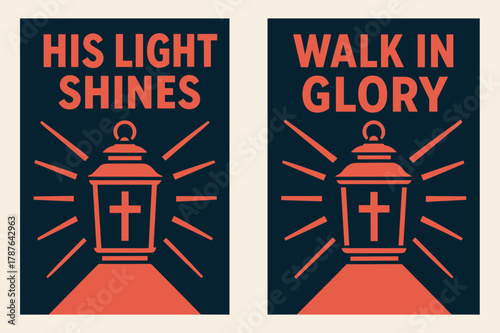 His Light Shines. Light of the World. Two vertical A6 banners with safe margins, centered composition, no elements touching edges, bold, navy and coral,