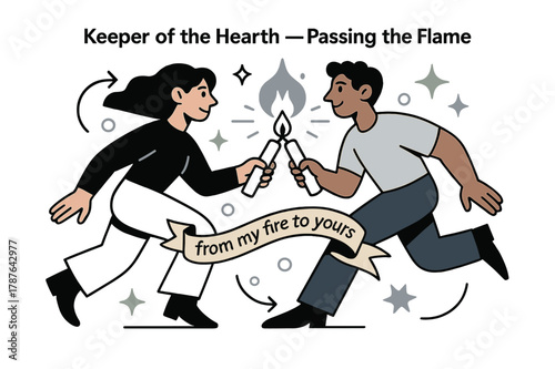 Passing the Flame. Keeper of the Hearth ? Passing the Flame. Two figures touch candles tip-to-tip; a soft spark bridges the light. Ribbon reads ?from my fire