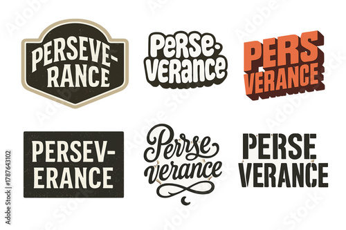 Diverse Lettering Styles. Perseverance. Set lettering. harmonious lettering variations of the same emblematic concept, each with different artistic