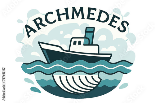 Archimedes at Sea. Boat Displacement at Sea. A ship hull cuts through stylized waves; volume lines beneath show buoyant displacement. Floating ?Archimedes?