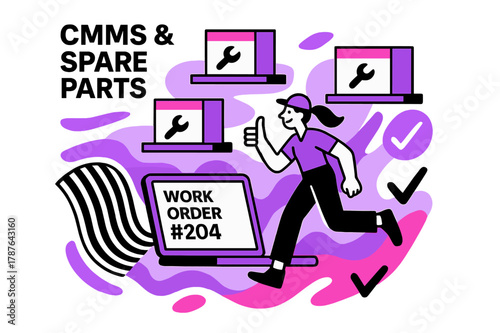 CMMS Spare Inventory Art. CMMS & Spare Parts. Shelves of neatly boxed spares hover like Tetris pieces while a laptop shows ?work order #?. Barcode waves and