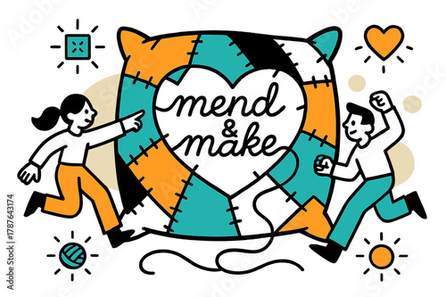 Patchwork Heart Creation. Scrap Fabric Patchwork. Colorful fabric offcuts stitch into a bold cushion; thread loops draw a heart with ?mend & make?. Texture