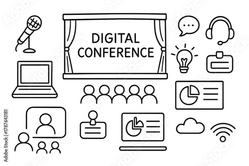 Digital Conference Doodle. Digital conference. Hand-drawn doodle illustration digital conference stage screen, microphone, laptop, audience icons, presentation