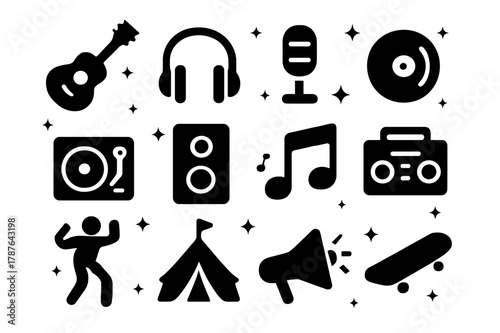 Cultural Rhythm Icons. Cultural Rhythm. Solid icons set of Cultural Rhythm: guitar, headphones, microphone, vinyl record, DJ turntable, speaker, music notes,