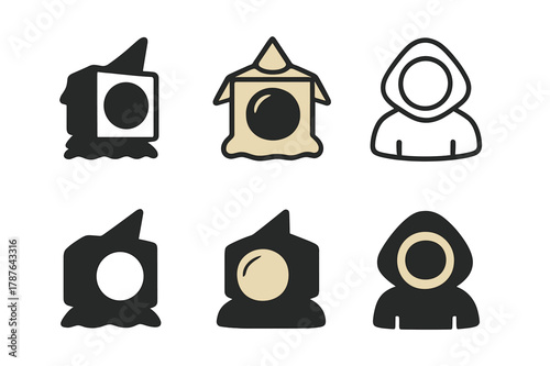 Costume Party Logos. people wearing funny costumes at a costume party. Set Logo of people wearing funny costumes at a costume party: Cardboard astronaut