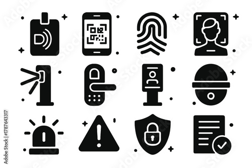 Security Icons Grid. Access control and security. Solid icons set of access control and security: RFID badge, mobile key QR, biometric fingerprint, face