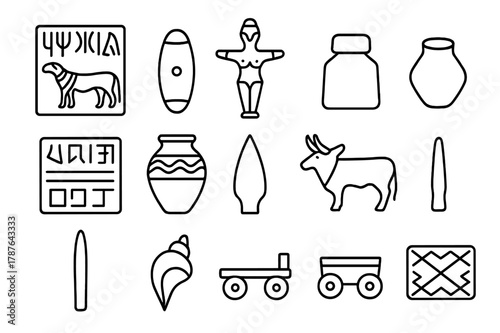 Indus Relics Icon Set. Indus Valley relics. Line icon set of Indus Valley relics: steatite seal, carnelian bead, terracotta figurine, weight stone, script