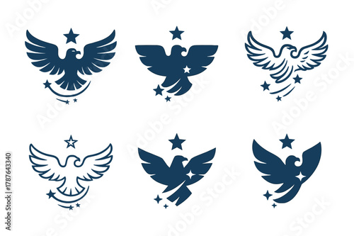 Aquila Constellation Logos. Aquila constellation. Set Logo of Aquila constellation: eagle with star trail. harmonious logo variations of the same emblematic