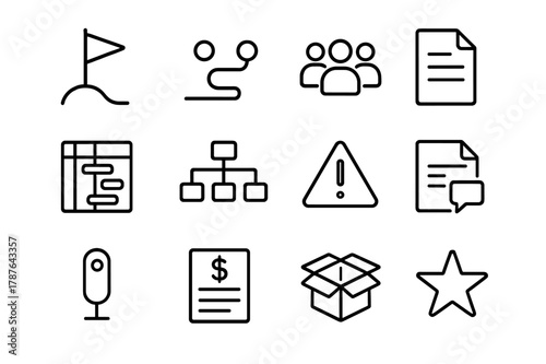 Project Kickoff Icons. Project Kickoff. Line icon set of Project Kickoff: kickoff flag, roadmap, team roles, scope document, timeline Gantt, resource plan,
