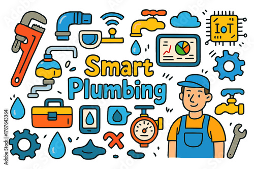 Colorful Smart Plumbing Illustration. Smart Plumbing. Colorful Hand-drawn doodle Children illustration Smart Plumbing wrench, pipe, smart valve, faucet,