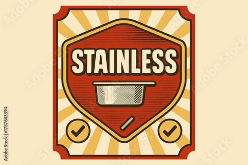 Stainless Retro Design. Stainless Front ? Retro Poster; chunky rounded title inside a framed badge; diagonal rays and ticket corners; strong offset shadow;