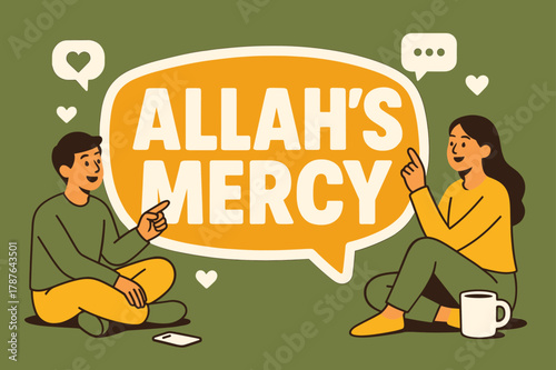 Allah's Mercy Banner. Allah?s Mercy banner, flat vector illustration, bold oversized text inside sticker outline banner, cartoon characters sitting and