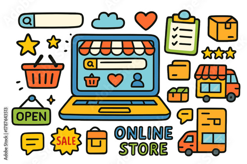 Online Shopping Doodles. Online store. Colorful Hand-drawn doodle Children illustration Online store laptop screen, search bar, shopping basket, wishlist