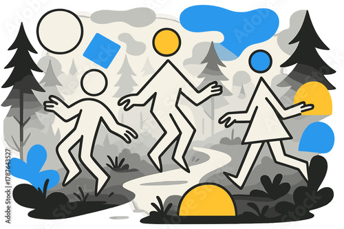 Misty Geometric Forest. Silent Forest. Misty forest path with floating abstract geometric shapes and soft light accents, contemplative and calm atmosphere.