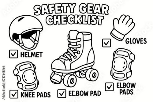 Safety Gear Coloring Page. Safety gear checklist children?s coloring book illustration, outlined drawing, labeled helmet, gloves, knee pads, and elbow pads