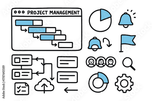 Project Dashboard Doodle. // Project management dashboard. Hand-drawn doodle illustration Project management dashboard [gantt bars (accented), pie chart