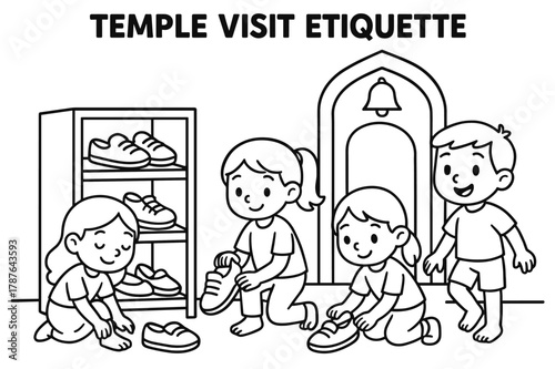Temple Visitor Etiquette. Temple visit etiquette children?s coloring book illustration, outlined drawing, visitors removing shoes and placing them on a rack
