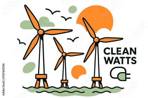 Dynamic Offshore Turbines. Offshore Wind Turbines. Slow-blade giants turn above gentle waves as seabirds trace tidy arcs; ?Clean Watts? hovers near a cable