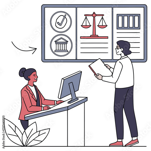 Two people in an office setting discussing legal matters, with a large screen displaying legal icons, scales of justice, and a courthouse