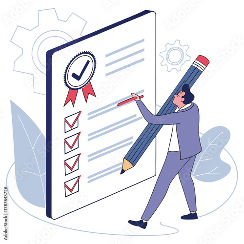Person filling out a checklist on a large document with a checkmark and seal, representing quality control, approval, and task completion in a business setting