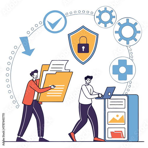 Two men working with digital data and files, one carrying a folder and the other using a laptop next to a filing cabinet, with security icons