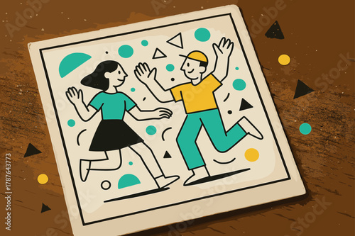 Nostalgic Geometric Dust Scene. Dusty Photograph. Close-up of an old photograph on a wooden table with floating abstract geometric dust shapes, nostalgic and