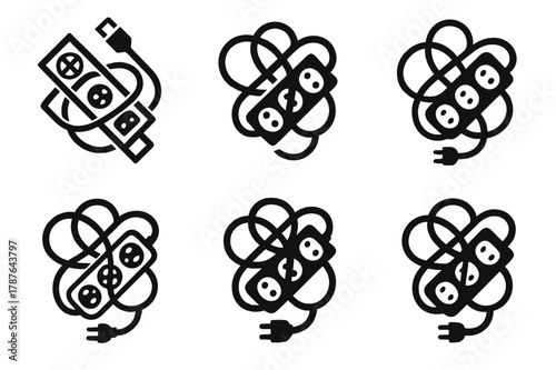 Power Strip Logo Variations. Power strip clutter. Set Logo of Power strip clutter: overloaded strip with loops. harmonious logo variations of the