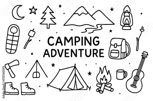 Camping Adventure Doodles. Camping adventure. Hand-drawn doodle illustration Camping adventure tent, campfire, sleeping bag, marshmallow stick, backpack,