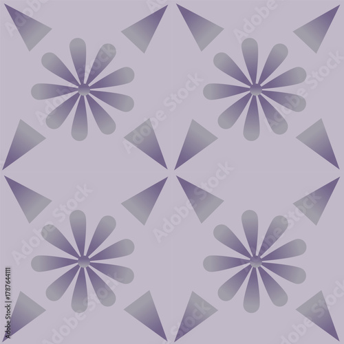 Repeated floral and triangular elements on a light purple background. 