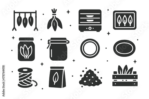 Sage Preservation Icons. Drying and preserving sage. Solid icons set of Drying and preserving sage: drying rack, hanging bundle, dehydrator, oven tray, glass