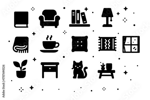Cozy Literary Nook Icons. Literary Nook. Solid icons set of Literary Nook: book, armchair, bookshelf, lamp, blanket, coffee cup, cushion, rug, plant, side