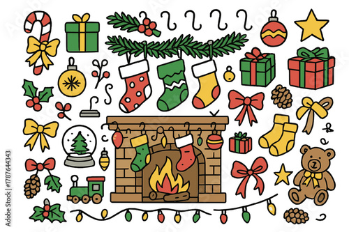 Festive Christmas Doodle. Christmas decorations. Hand-drawn doodle illustration Christmas stockings (colored), fireplace (colored), mantel (colored), candy