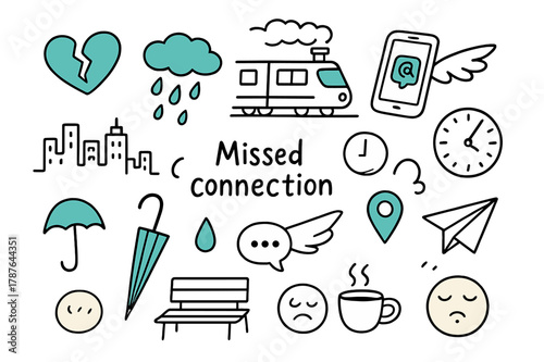 Missed Connection Icons. // Missed connection. Hand-drawn doodle illustration missed connection [broken heart (accented), train departing (accented), phone