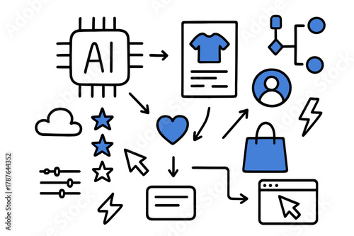 AI Recommendation Icons. // AI recommendation engine. Hand-drawn doodle illustration AI recommendation engine [AI chip (accented), star icons (accented),
