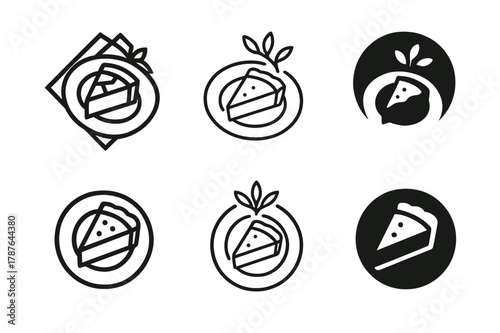 Brunch Logo Variations. Brunch delight. Set Logo of Brunch delight: plate with quiche slice and herbs. harmonious logo variations of the same emblematic