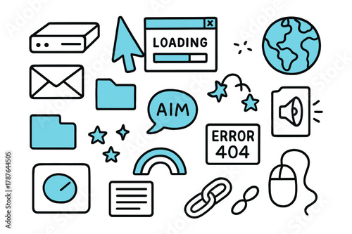 Retro Internet Icons. Retro internet aesthetics. Hand-drawn doodle illustration retro internet aesthetics [dial-up modem, cursor pointer (accented), pop-up