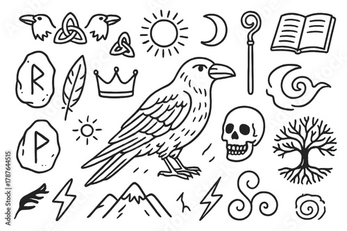 Mythic Raven Symbols. Raven in mythology. Hand-drawn doodle illustration Raven in mythology Norse raven, Celtic knot, sun, moon, ancient book, magic staff,